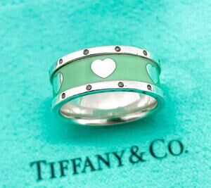 Tiffany & Co Sterling Silver Blue Enamel Hearts Band Ring Size 5.75